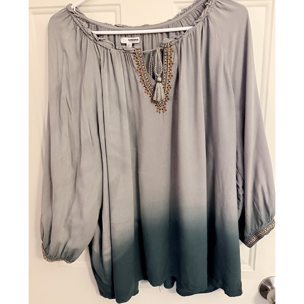Sonoma Goods For Life XL Ombre Peasant Blouse Embroidered Tassel Tie Boho